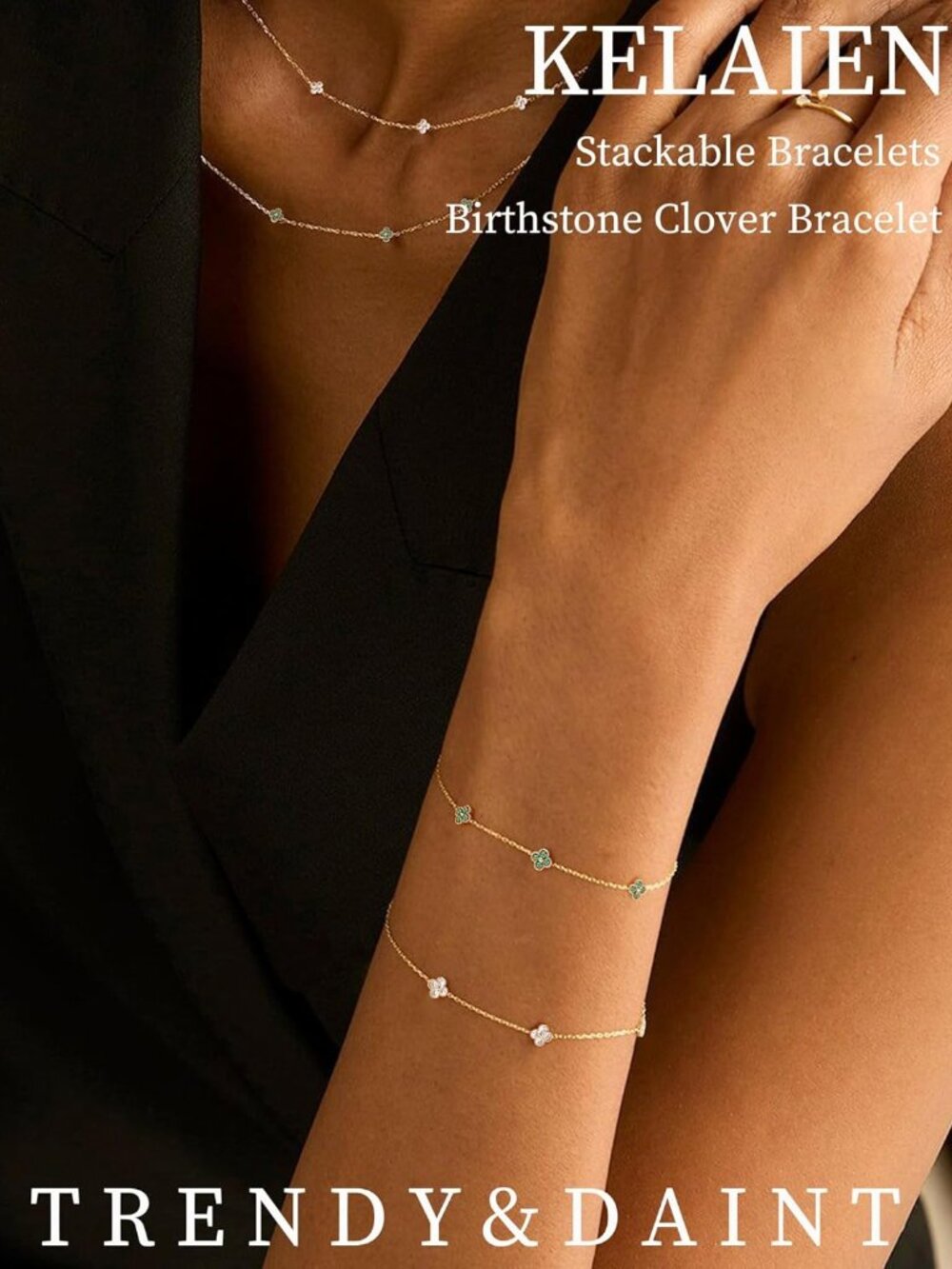 Birthstone Gold Clover Bracelet Dainty 14K Gold Plated Cute Friendship Stackable - Picture 3 of 6